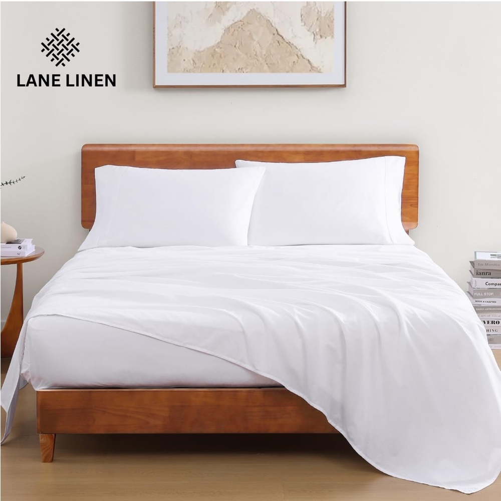 NEW Lane Linen White 100% Organic Cotton Percale Weave Twin Sheet Set Luxury - Picture 2 of 16